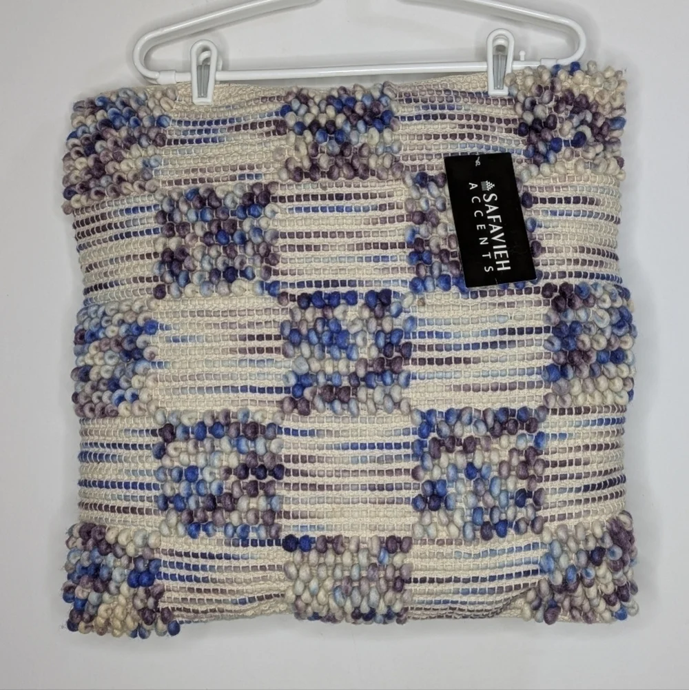 NWT Safavieh cream purple blue woven textured cotton & wool pillow 20x20